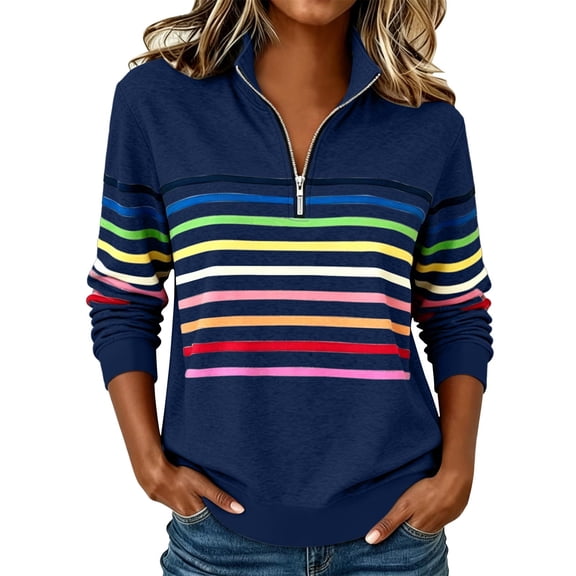cocolona Womens Half Zipper Striped Sweatshirt Collared Long Sleeve Casual Lightweight Pullover Fall Tops