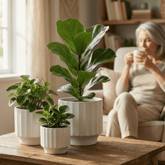 Florinia Ceramic Herb Planter Set, Round White Stoneware Pots with Ripple Design, 3-Count