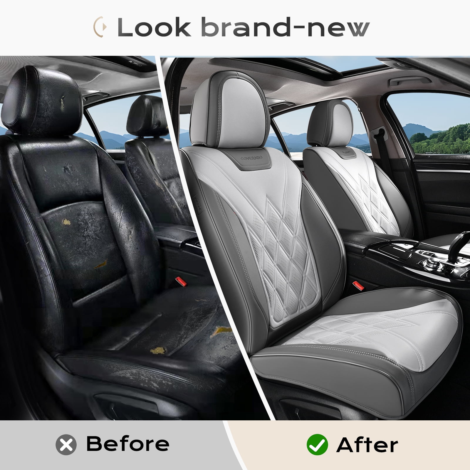Coverado Front Covers For Cars, Waterproof Faux Leather Seat Protectors 2 Seats, Auto Cushions Universal Fit for Most Cars, Gray