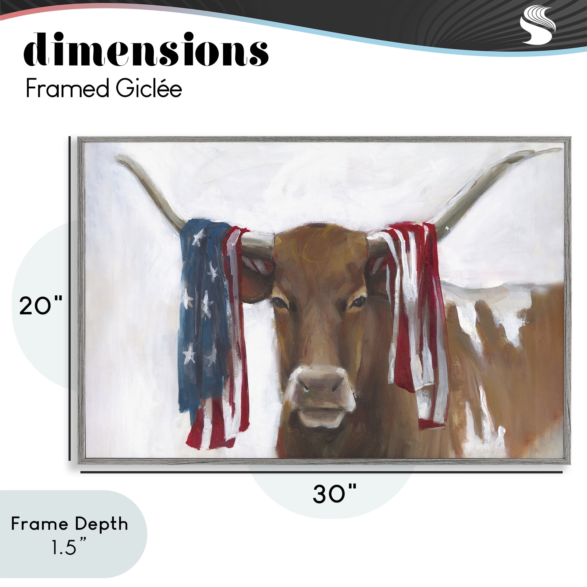 Stupell Industries Patriotic Longhorn with Flag Gray Framed Giclee Art, design by White Ladder