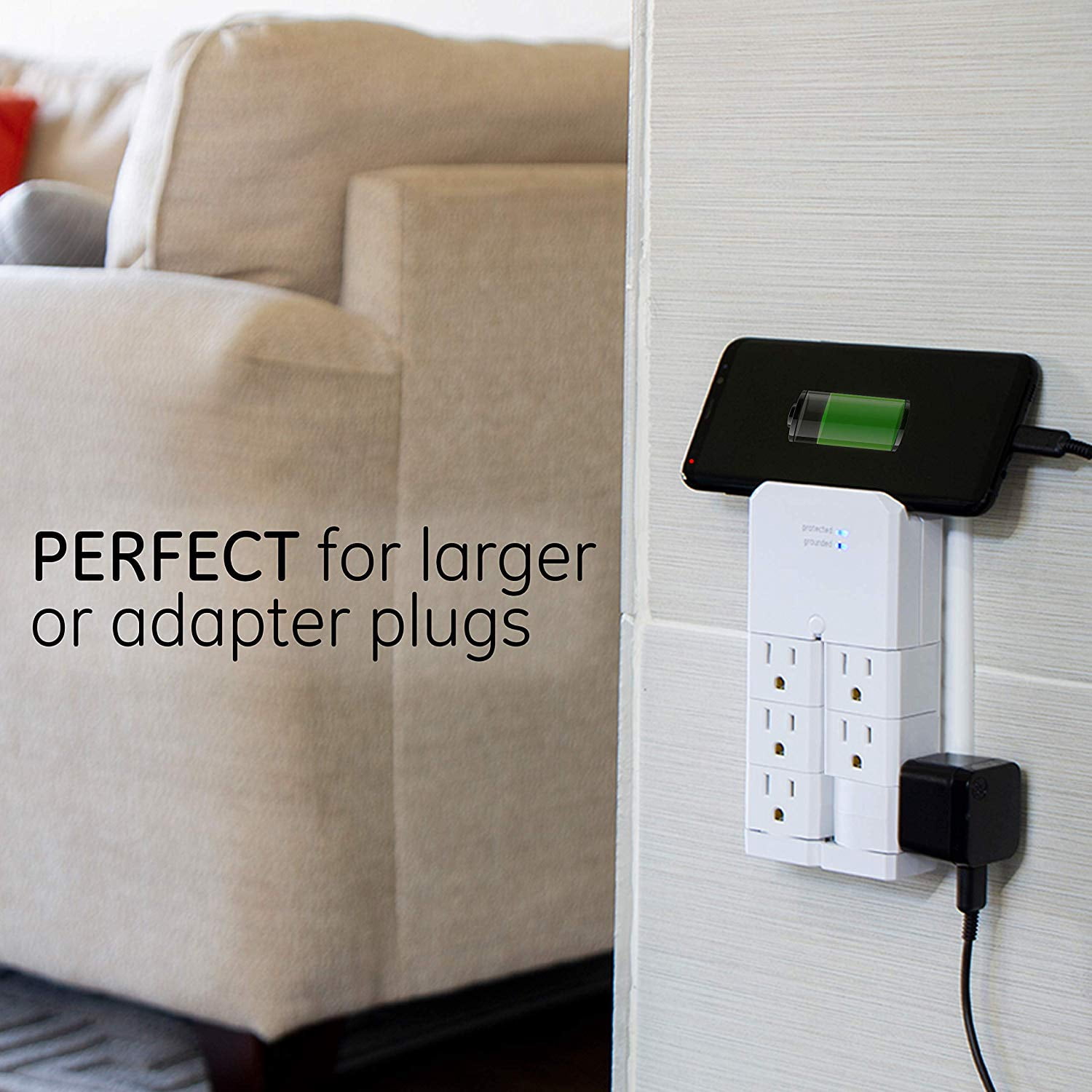 GE Pro 6-Grounded Outlet Surge Tap, Swivel Outlets, White - 37063