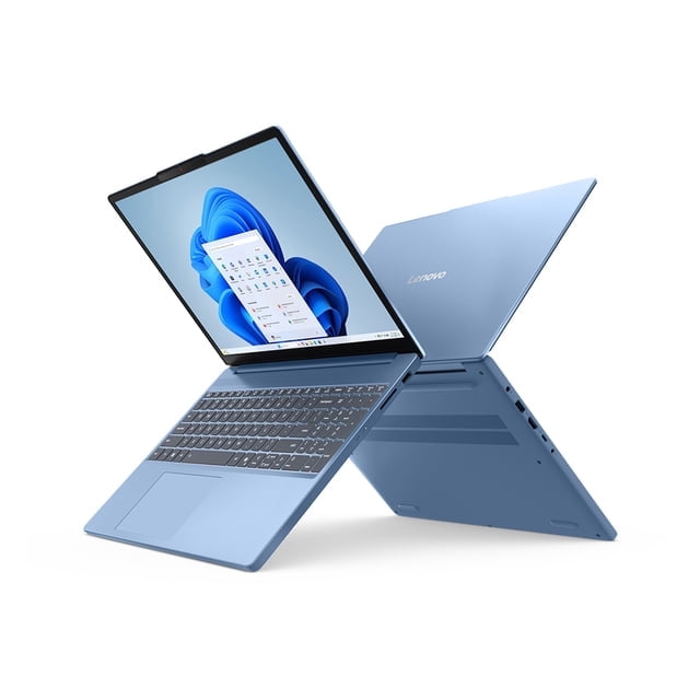 laptop lenovo ideapad slim 3 15irh10 15.3" wuxga touch, polar blue — 3/4 frontal y posterior: pantalla táctil IPS 15.3" (1920x1200) abierta, teclado retroiluminado en español, touchpad y cámara FHD visibles, cubierta superior de aluminio delgada, puertos laterales (USB-C, USB-A, HDMI, lector SD). A menudo usada para productividad y estudio remoto.