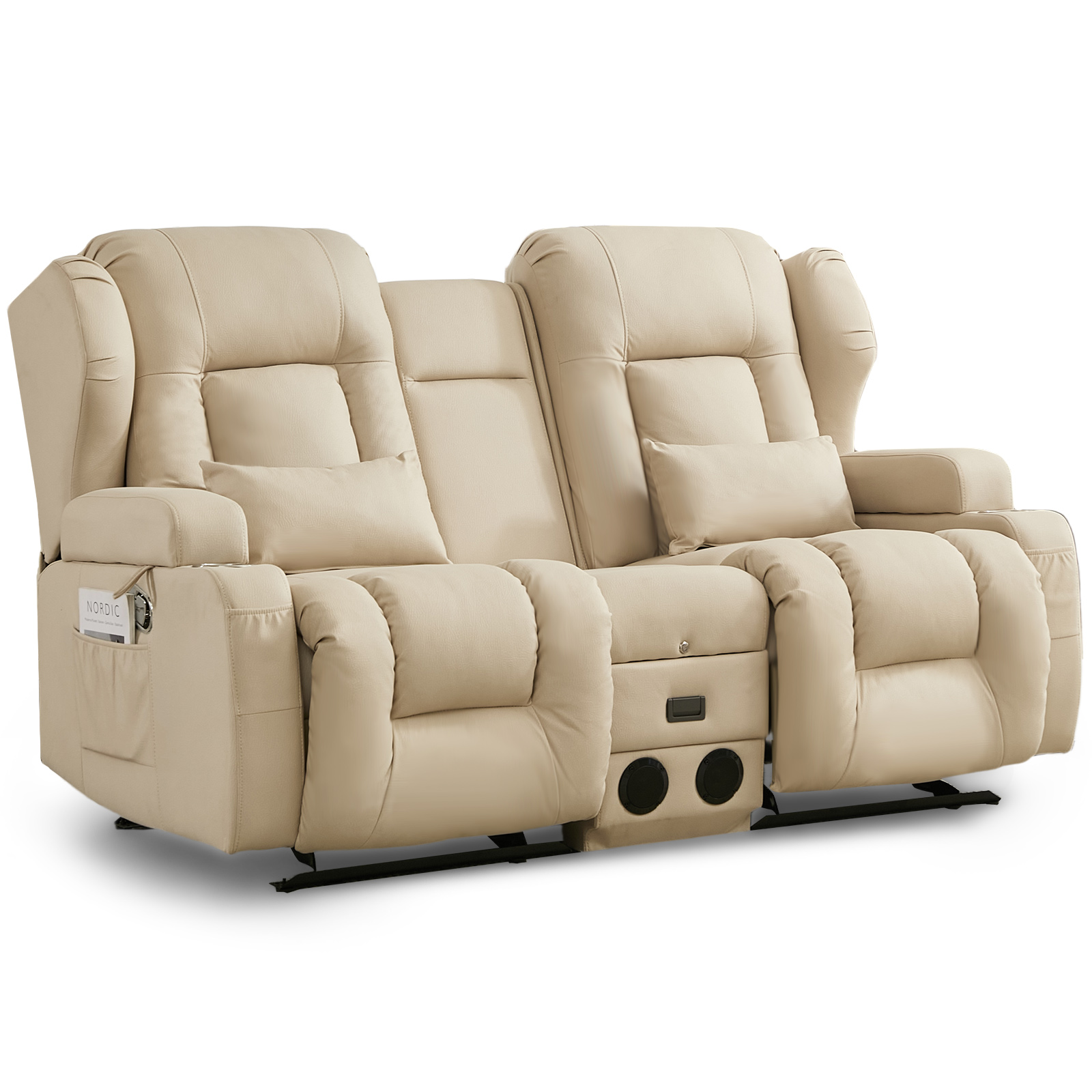 IPKIG 67.7" Manual Double Recliner Loveseat Sofa with Console, Cup Holders, Bluetooth Speakers, USB Ports & AC Outlets, Leathaire Beige