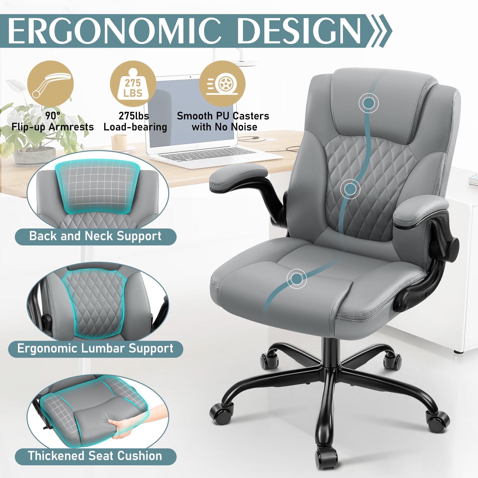 Brick Attic Leather Office Chair, Home Computer Desk Chairs with Ergonomic Back Support, 360°Swivel Free, Small Gaming Chair with Wheels and Adjustable Armrests, Gray