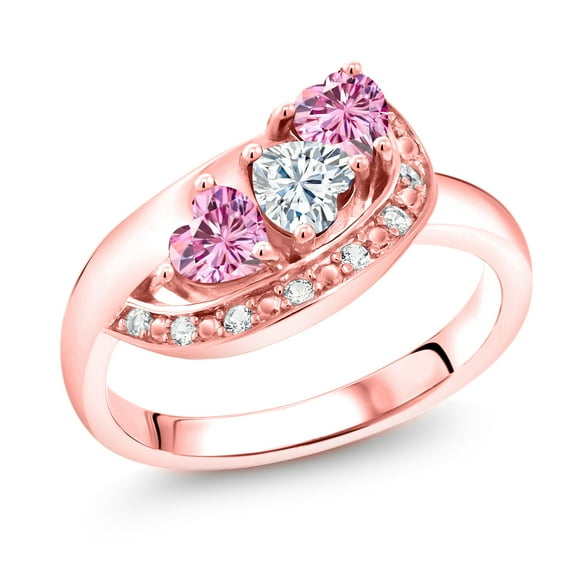 Gem Stone King 18K Rose Gold Plated Silver White Moissanite and Pink Moissanite and White Created Sapphire Engagement Ring for Women (0.79 Cttw, Gemstone , Heart Shape 4MM, Size 7)