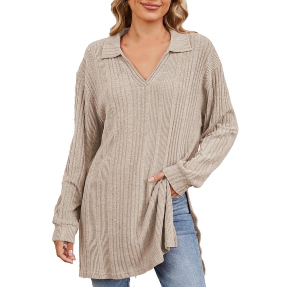 Wdfiry Women's Tops Solid Color Turn-down Collar Knit Tops Long Sleeve Ribbed Side Slit Loose Tunic Shirts