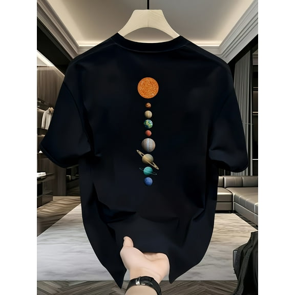 Men'S Heavyweight 100% Cotton Graphic T-Shirt - Solar System Planet Print Casual Short Sleeve Tee, Round Neck Summer Top for Teens & Young Adults, Machine Washable Regular Fit