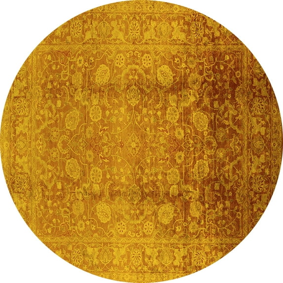 Ahgly Company Machine Washable Indoor Round Oriental Yellow Industrial Area Rugs, 7' Round