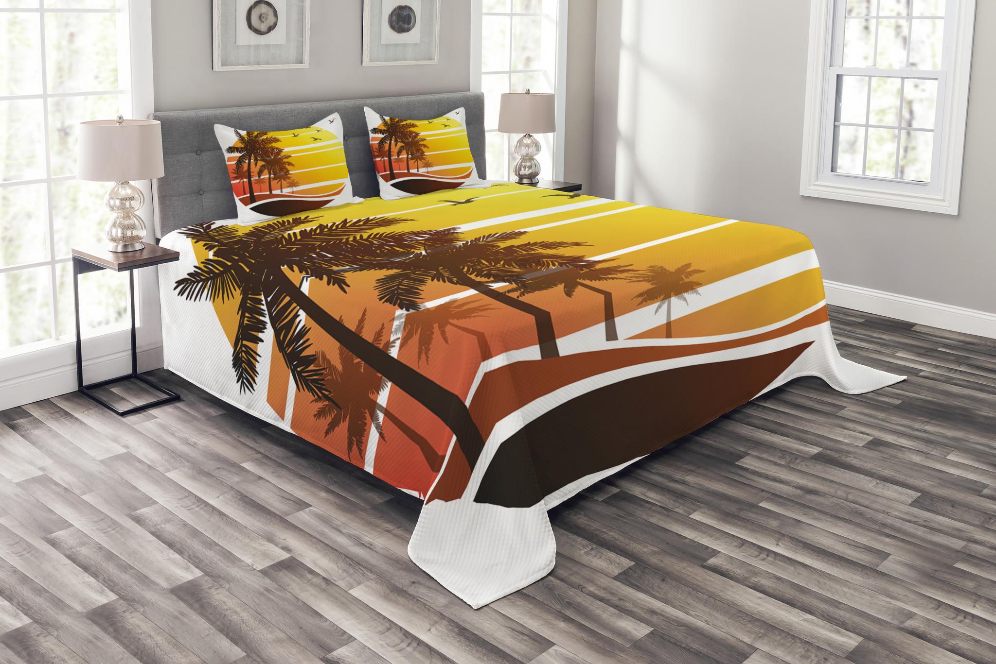 Tropical Bedspread Set Queen Size, Sunset at Exotic Beach with Palm