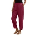 thumbnail image 4 of Women's Stacked V Hem Trousers, High Waist Casual Slub Cotton Pants with Elastic Waistband, Relaxed Fit Long Pants for Daily Wear, Vacation and Loungewear Wine L, 4 of 9