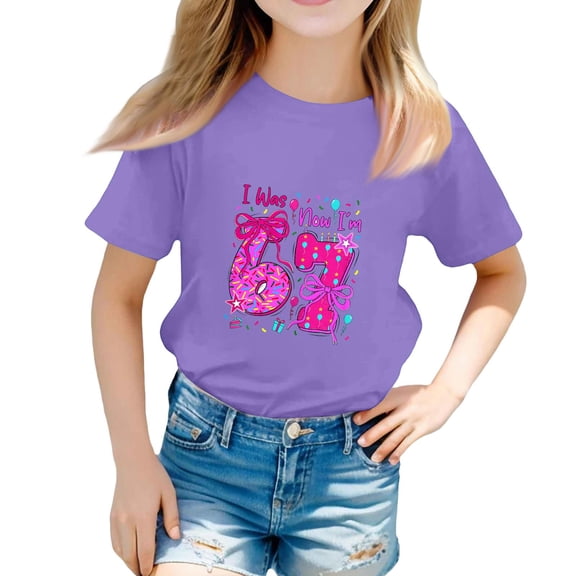 YOUYEDIAN Birthday 7 Year Old Girl T Shirt - I was 6 Now I'm 7 67 Funny Cute Short Sleeve Crew Neck Tops (Purple, 3-4 Years)