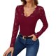 thumbnail image 1 of MHFRRA Camiseta de Manga Larga Ajustada para Mujer con Cuello En V, Diseño de Panel de Encaje, Elegante Ribete Floral, Top Elegante y Cómodo. Rojo, 1 of 5