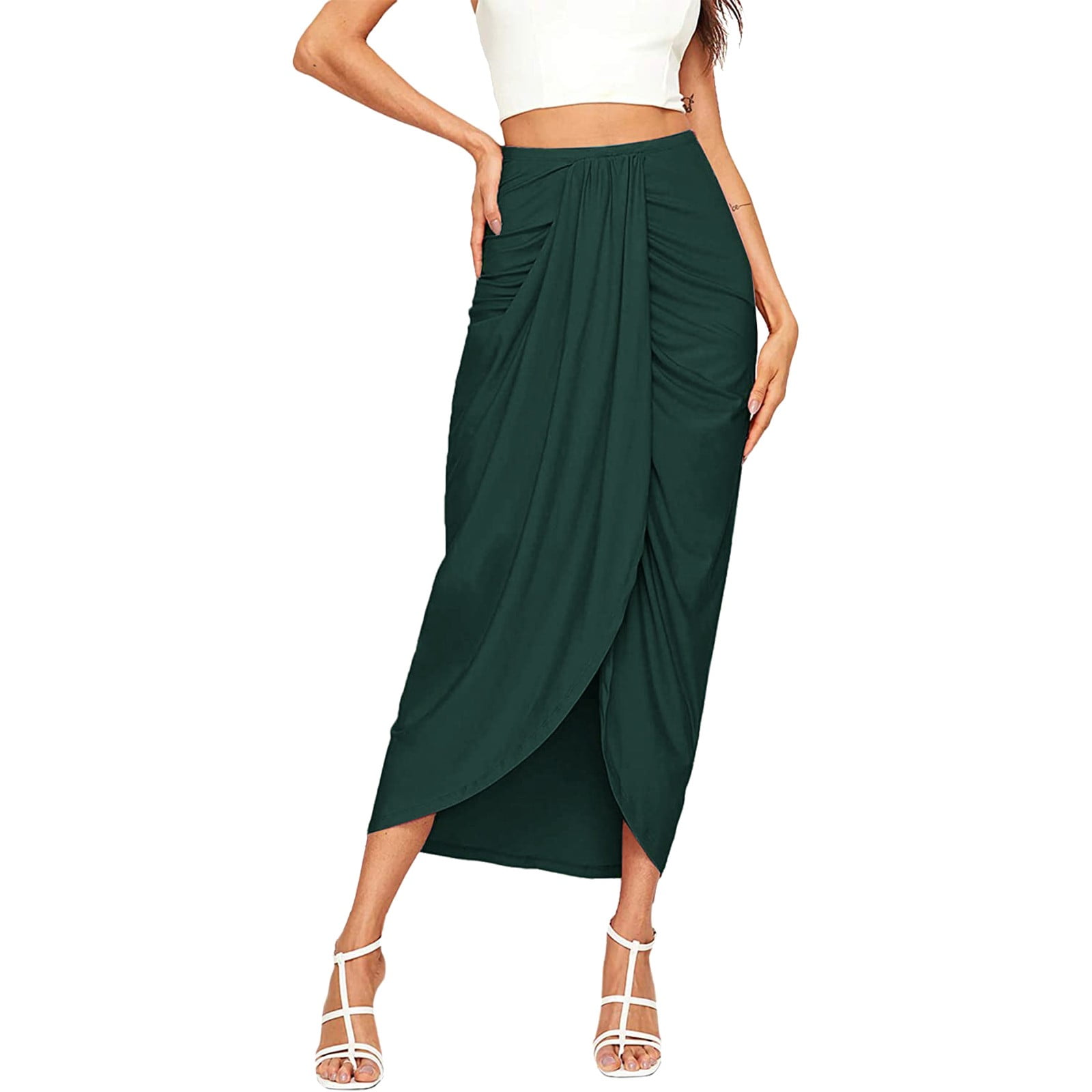 Tiqkatyck Skirts for Women, Women's Casual Slit Wrap Asymmetrical Elastic  High Waist Maxi Draped Solid Skirt Long Skirt Coffee
