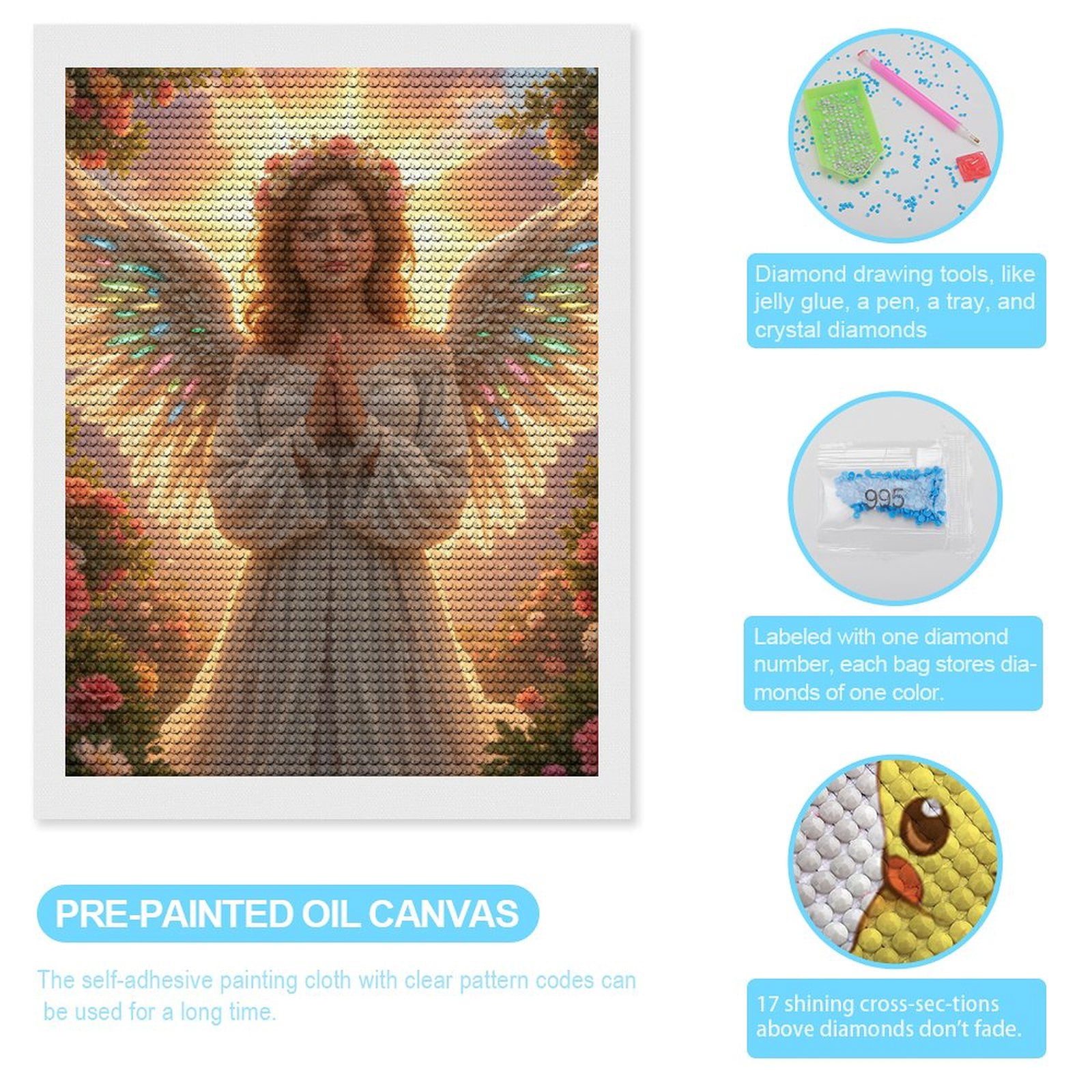 Diamond Art Kits for Adults, Angel Serenity Blossoms Wings Light 5D Diamond Painting Kits for Adults Beginners, DIY Full Drill Diamond Painting, Gem Art and Crafts 12x16