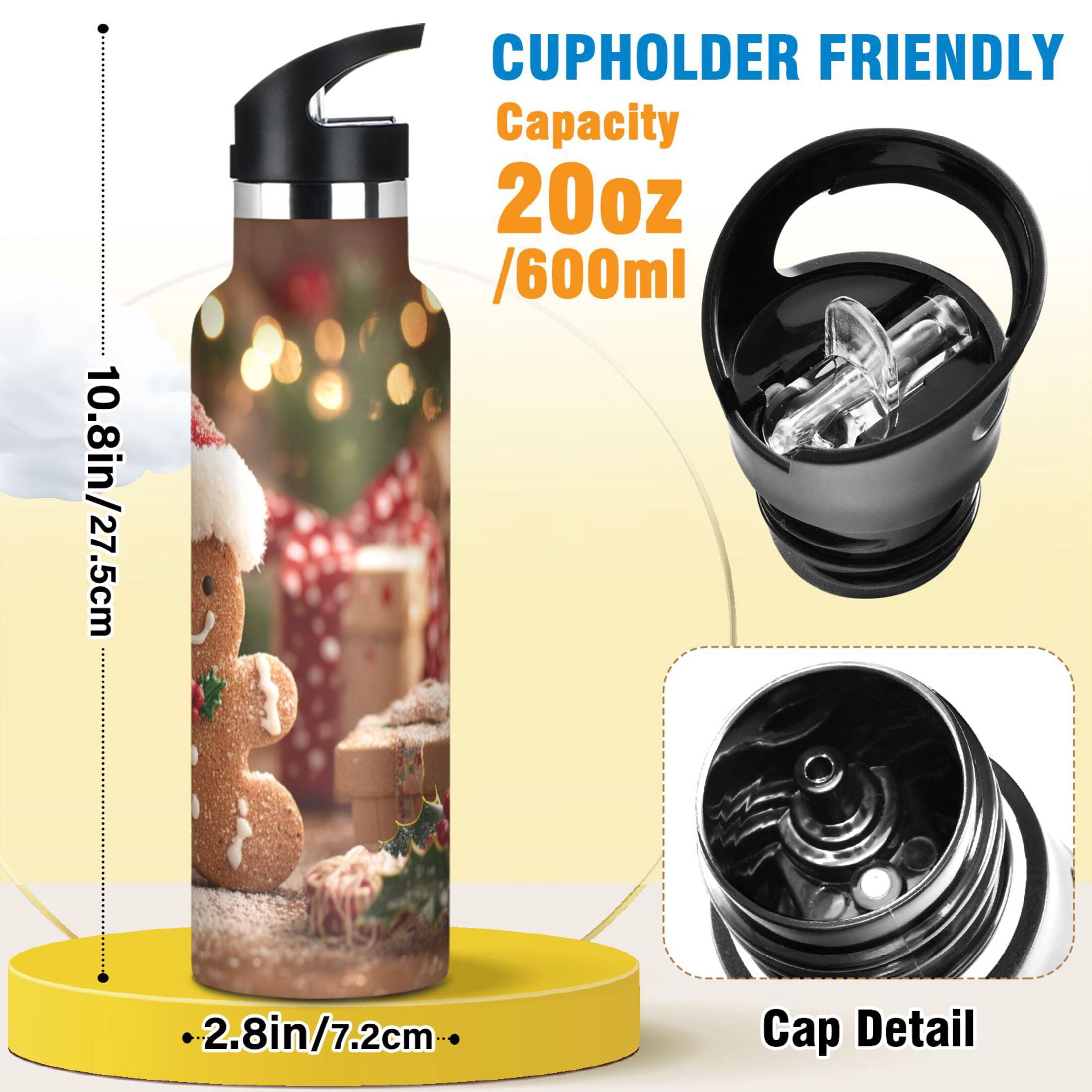600ML Stainless Steel Insulated Cup Sports Water Bottle Portable Thermos Cup Water Glasses Insulated Tumblers Convenient and Durable Warm Cute Gingerbread Man