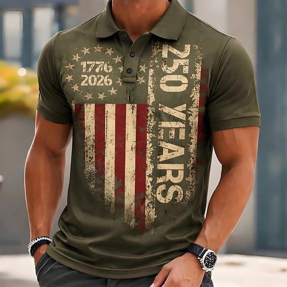 Men Polo Shirts Golf Short Sleeve Collar Shirt 250 Years Anniversary Classic Loose Plus Size Casual Graphic Mens Shirts Green L