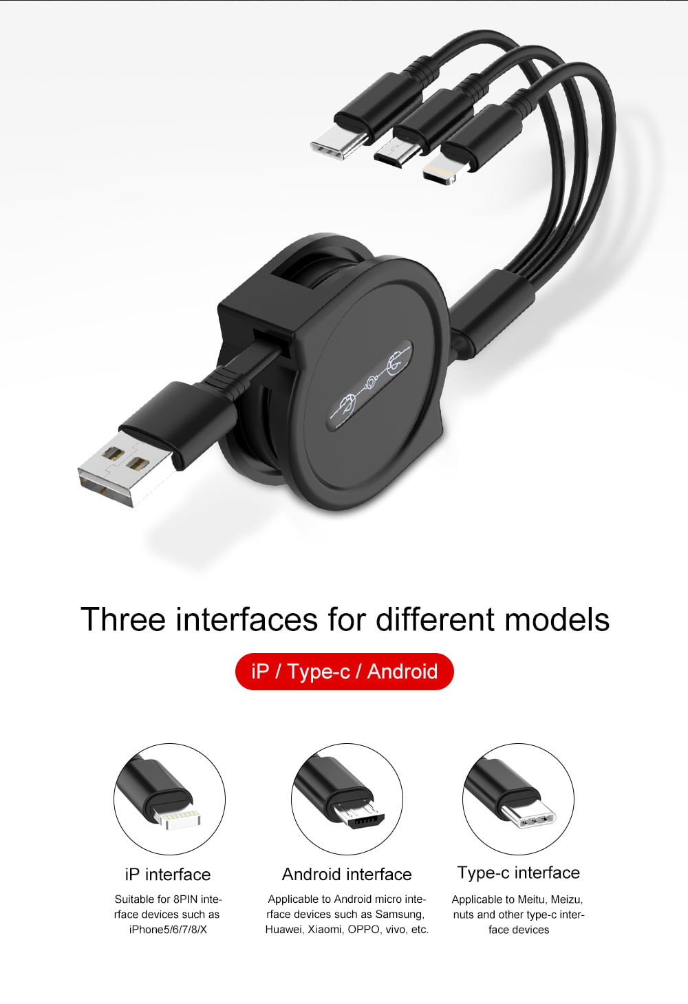 3 in 1 Retractable USB Charging Cable Cat Fast Charging Reusable USB Charge Cord Compatible with Cell Phones Tablets Universal Use