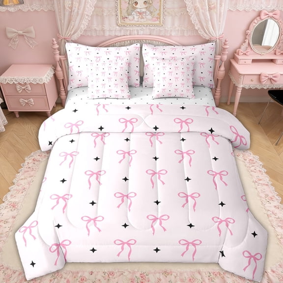Erosebridal Pink Princess Bow Twin Bedding Sets for Girls, Cartoon Star Print Bedding Comforter Set for Women, Reversible, 7 Pieces