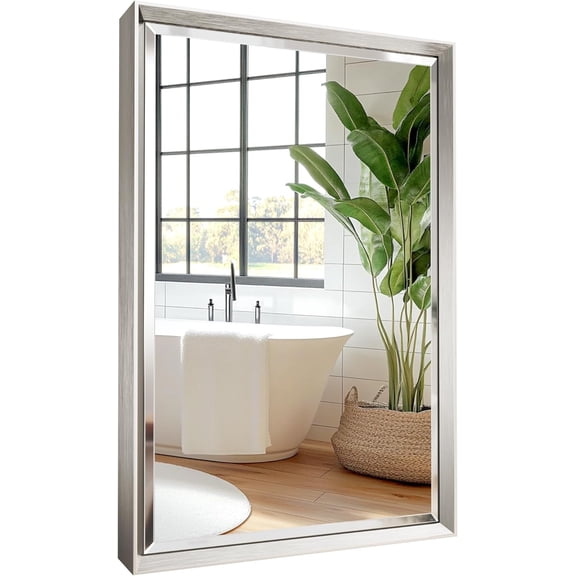Silver Bathroom Mirror, 16''x 24'' Beveled Bathroom Mirror for Wall, Rustproof Rectangle Silver Framed Mirror for Bathroom Vanity, Vertical/Horizontal Easy Installation