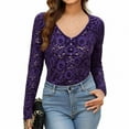thumbnail image 5 of SwiftWear Women's Long Sleeve Floral Lace Sheer Mesh Slim Fit V-Neck Blouse Elegant Layering Piece Undershirt​ Going Out Tops, Purple, 5 of 9