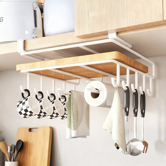 Mug Holder Under Cabinet, Paper Towel Holder, Chopping Board Organizer, No-Hole Multifunctional Under Cabinet Hooks for Kitchen Utensils, White