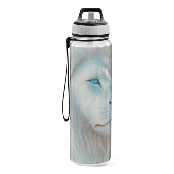 Motivational Water Bottle 32 oz with Straw, BPA Free Reusable Fitness Sport Bottle Perfect for Travel, School, Outdoors, and Gym A White Lion