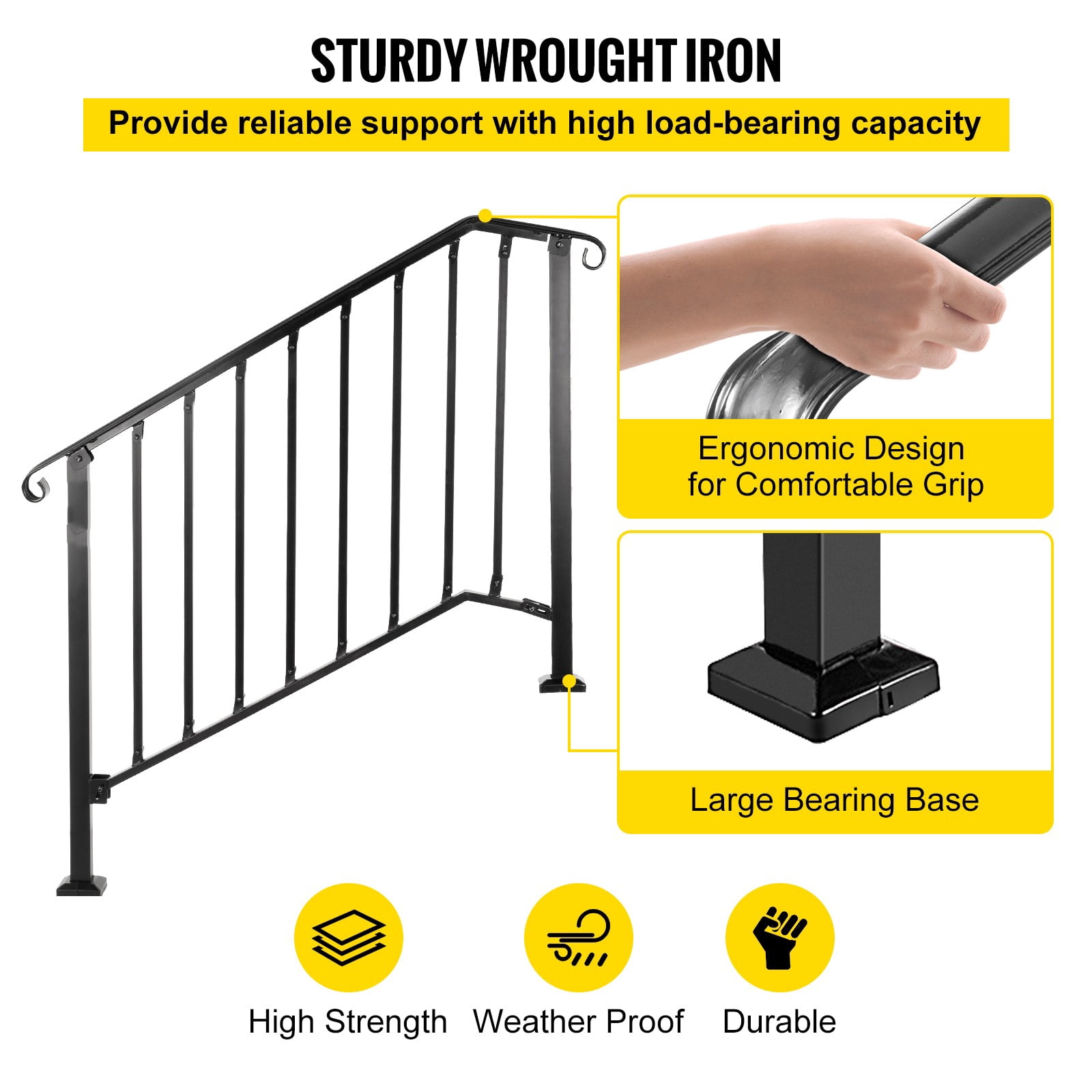 BENTISM Iron Handrail Picket Fits 3 or 4 Steps Stair Hand Rails for Outdoor Garden
