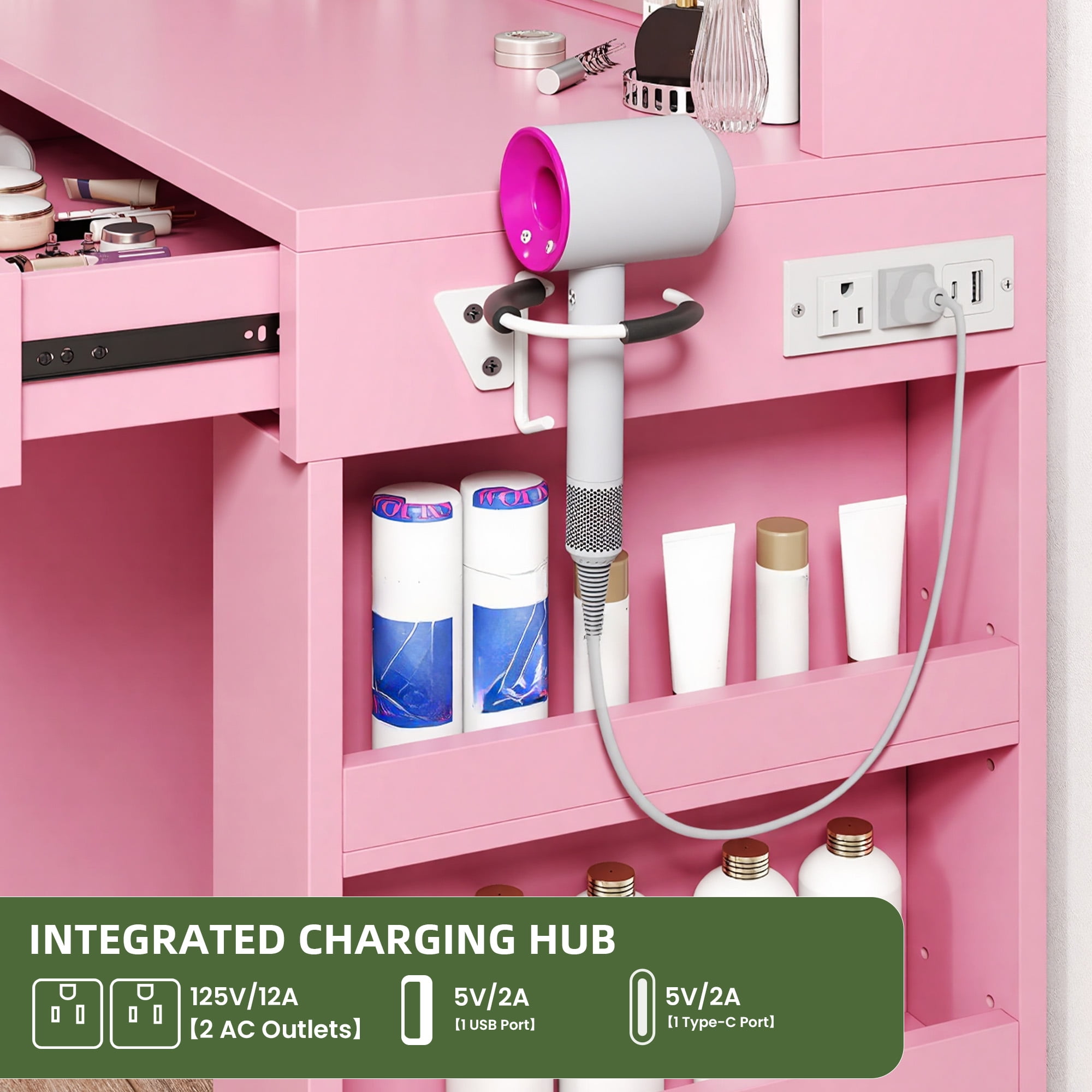 Uforic Engineered Wood 40" Pink Makeup Vanity Desk with LED Mirror, 4 Drawers, Hair Dryer Holder, and Shelves