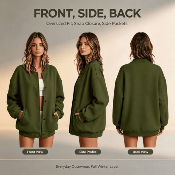 Feancey Womens Snap Button Bomber Jackets Y2K Casual Collarless Varsity Jacket Drop Shoulder Long Sleeve Lightweight Outerwear with Pockets L
