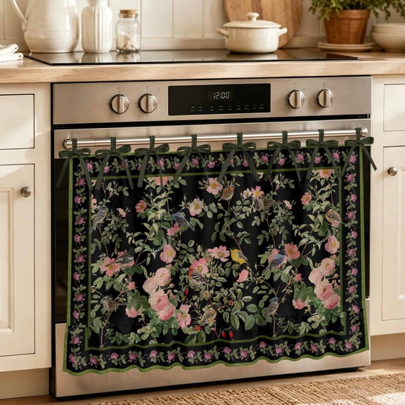 Oven Skirt Curtain for Kitchen 20x27 Inch, Black Spring Floral Oven Curtain with 8 Ribbon Ties & Ruffle Trim, Stove Skirt Curtain Dishwasher for Cabinets Elegant Pastoral Flowers Birds Retro Art