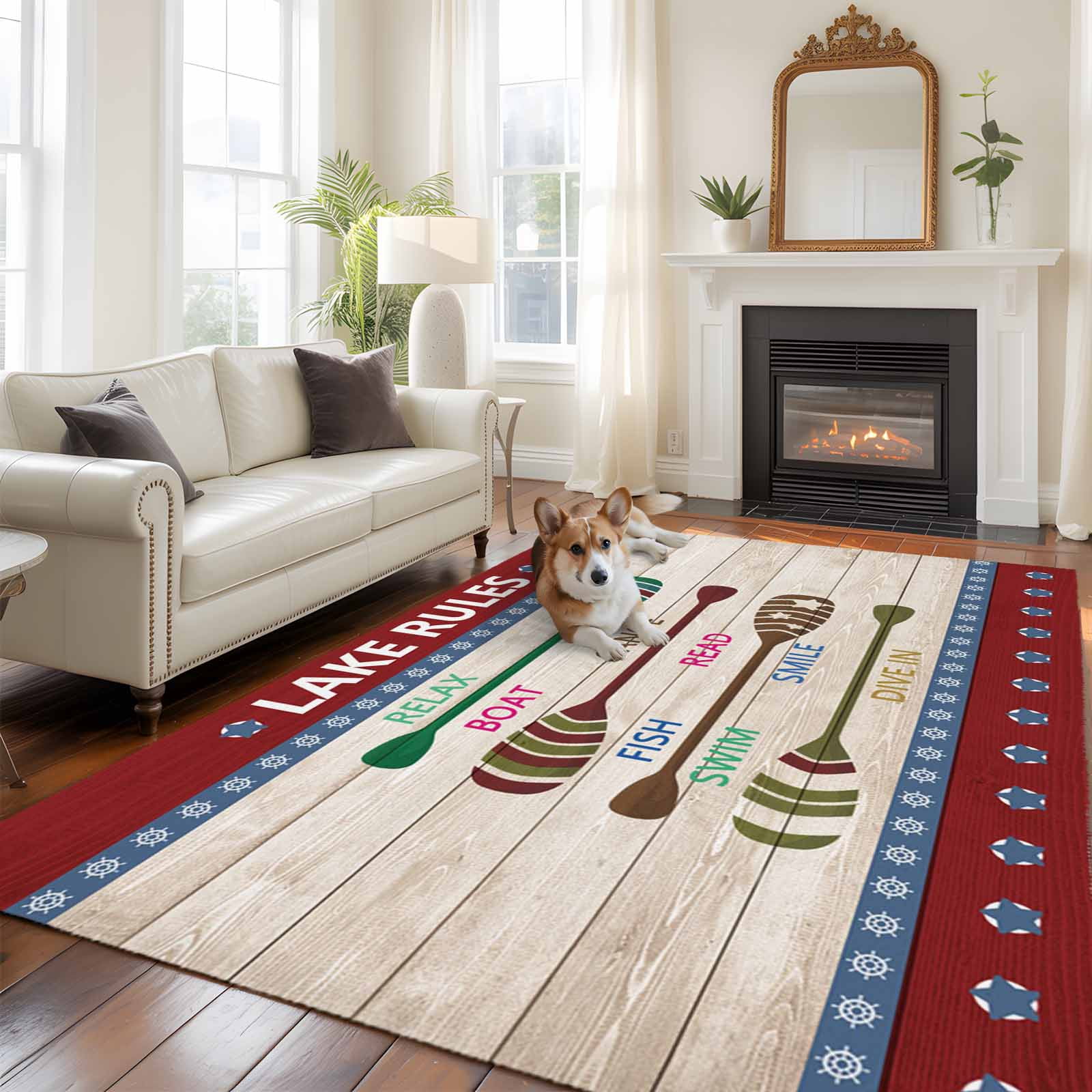 8x10 Area Rugs for Living Room, Lake Rules Non Slip Area Rugs for Kitchen Bedroom Entryway, Red Green Brown Paddle Striped Rudder Wooden Washable Carpet Runner Rug Floor Mats for Bedroom Home Decor