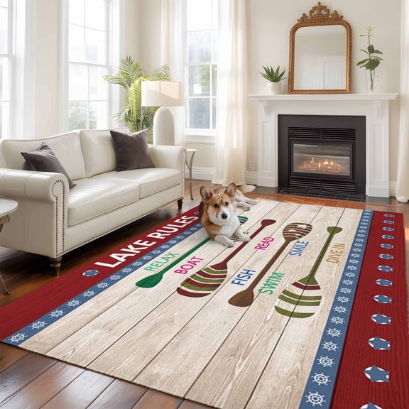 Lake Rules Area Rug 5x8 FT, Non Slip Bedroom Throw Carpet, Red Green Brown Paddle Striped Rudder Wooden Washable Soft Floor Carpet Non-Shedding Rug for Living Room Nursery Dorm Office