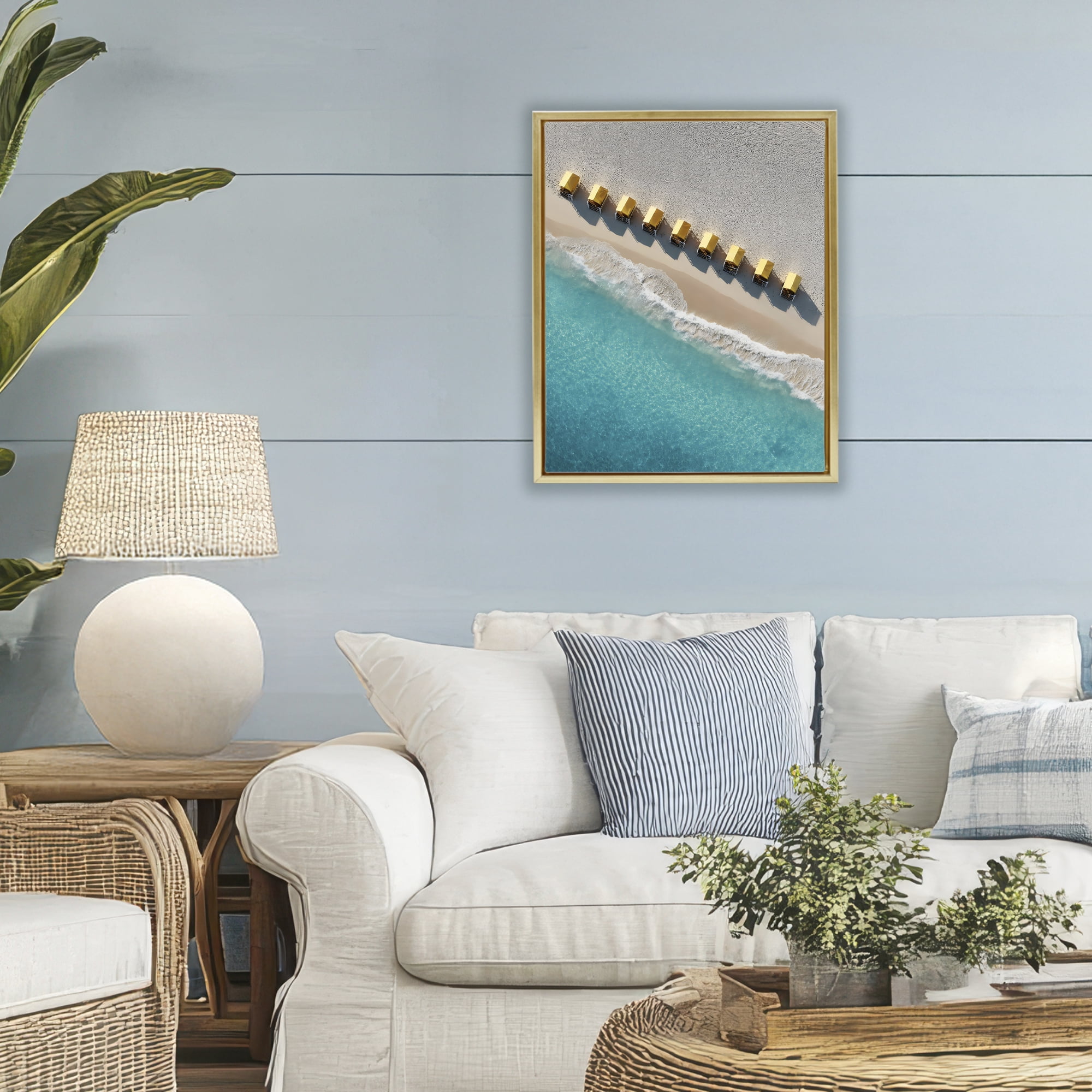 Stupell Industries Yellow Cabanas Along Shore Gold Framed Floater Canvas Wall Art, design by Franklyn Gregory