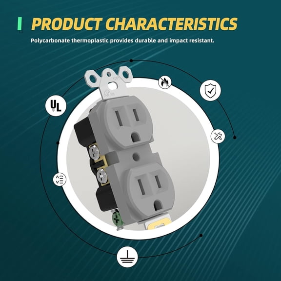 TG4THT-Duplex Receptacle Outlets, Heavy-Duty Electrical Wall Outlet for Commercial and Residential, 15Amp Non-Tamper Resistant Receptacles, 2 Pole 3-Wire, Self-Grounding, UL Listed, Gray, 10 Pack