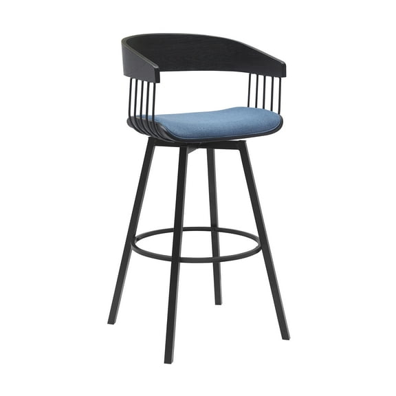 Armen Living Indoor Athena 31" Swivel Black Wood Bar Stool in Blue Fabric with Black Metal