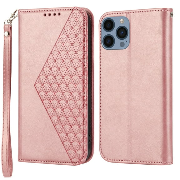 Decase for iPhone 14 Pro Wallet Case, Shockproof Lanyard Strap Magnetic PU Leather Stand Cover with TPU Inner Shell,Card Slots Compatible with iPhone 14 Pro, Rosegold