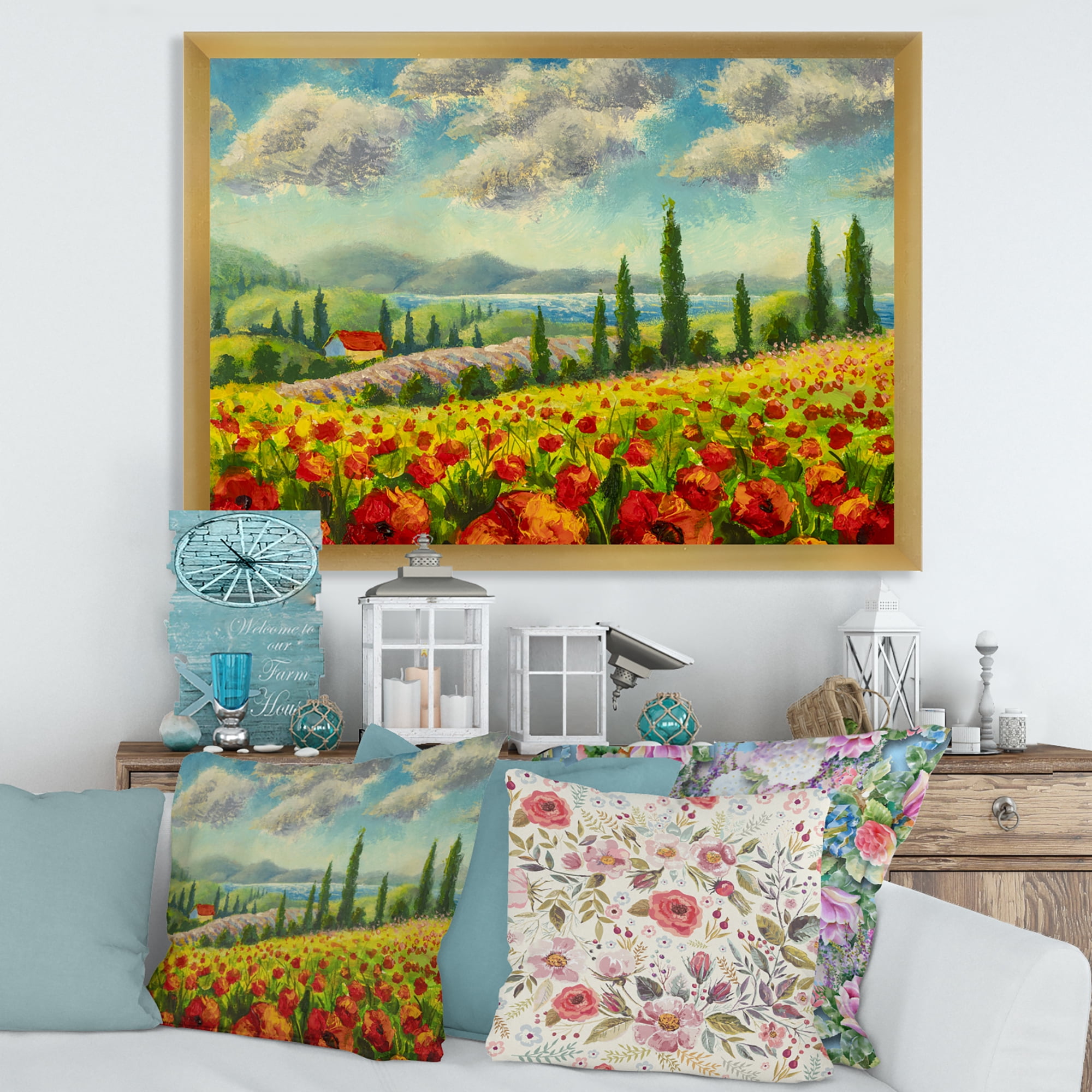 Designart 'Beautiful Landscape With Poppies Flowers By Riverside' Traditional Framed Art Print