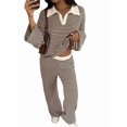 thumbnail image 2 of Womens Sweater Set 2 Piece Outfits Striped Long Sleeve Collared Tops Wide Leg Pants Lounge Sets Brown XL, 2 of 9