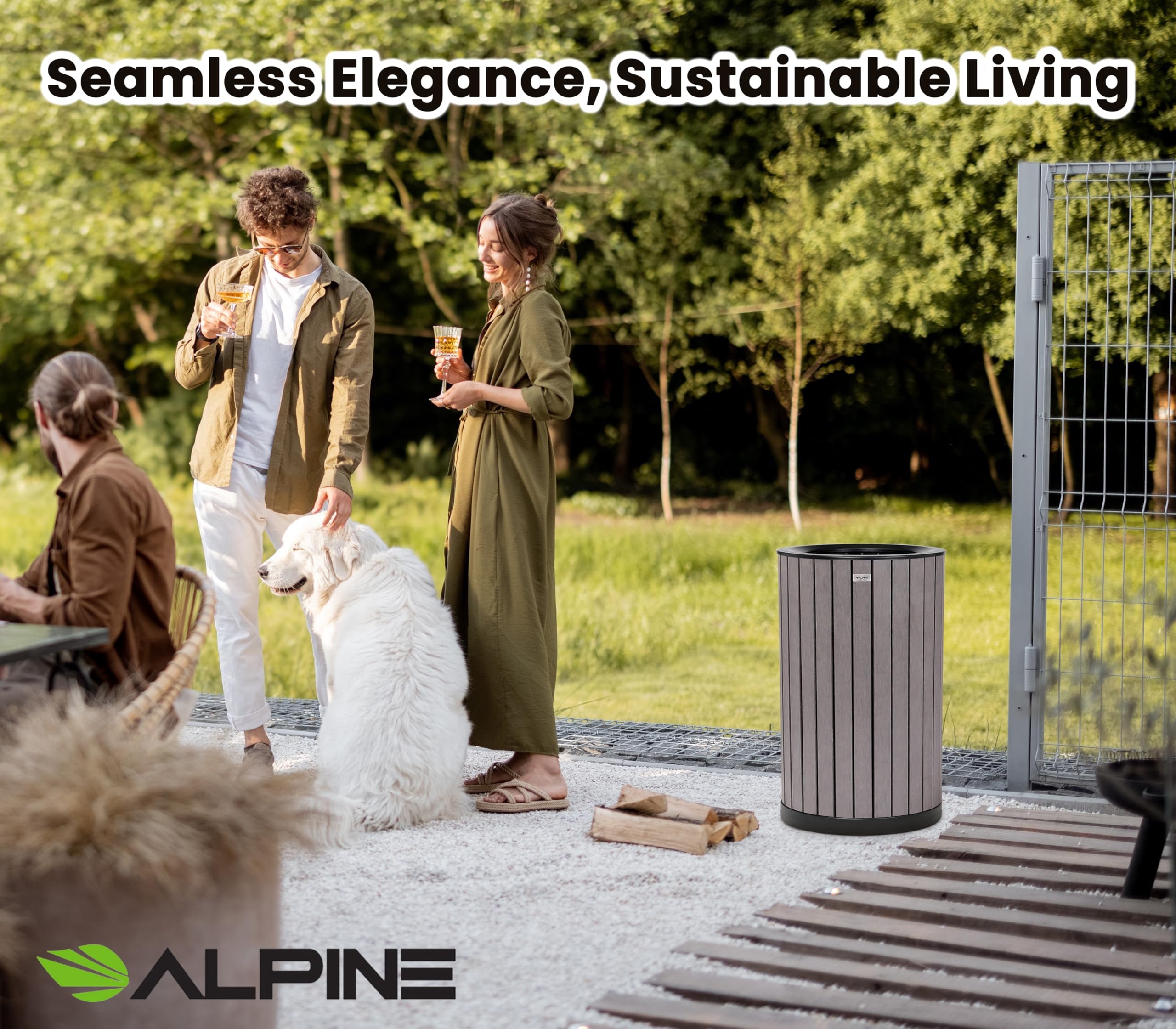 Alpine 32 Gallon Commercial Outdoor Trash Can - Heavy Duty Garbage Can Outdoor, Industrial Open Top Trash Can with Plastic Panels for Patio, Parks, Trails, Resorts (Flat Lid - Grey)