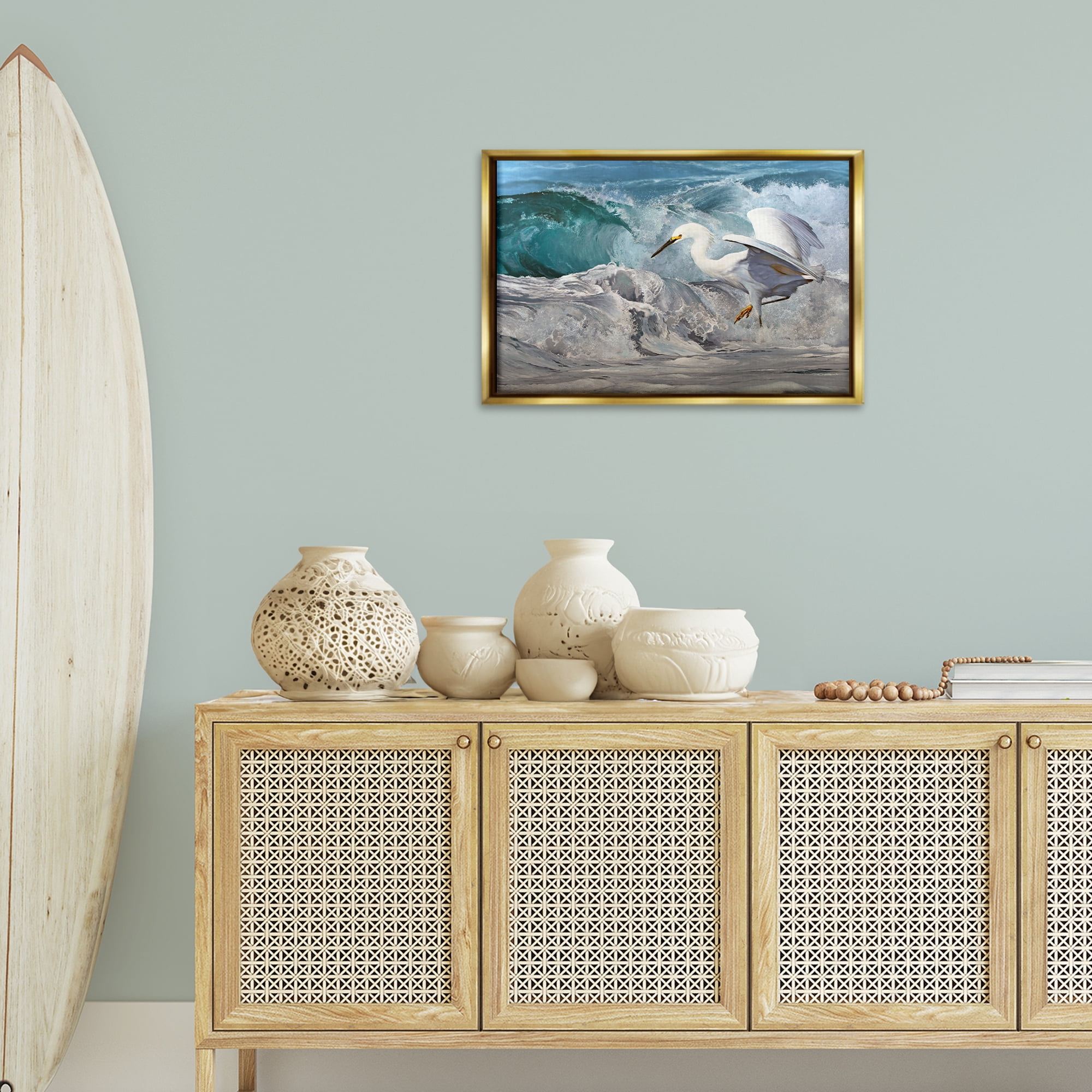 Stupell Industries Wave Dancer Heron Nautical & Beach Painting Gold Floater Framed Canvas Art Print Wall Art, 25 x 17