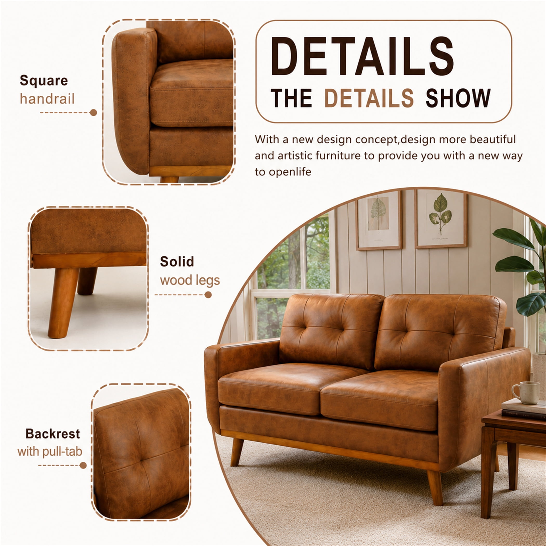 Aukfa 65" Small Sofa Loveseat Couch Comfy Mid Century Modern Sofa for Living Room Bedroom, Foil Fabric, Brown