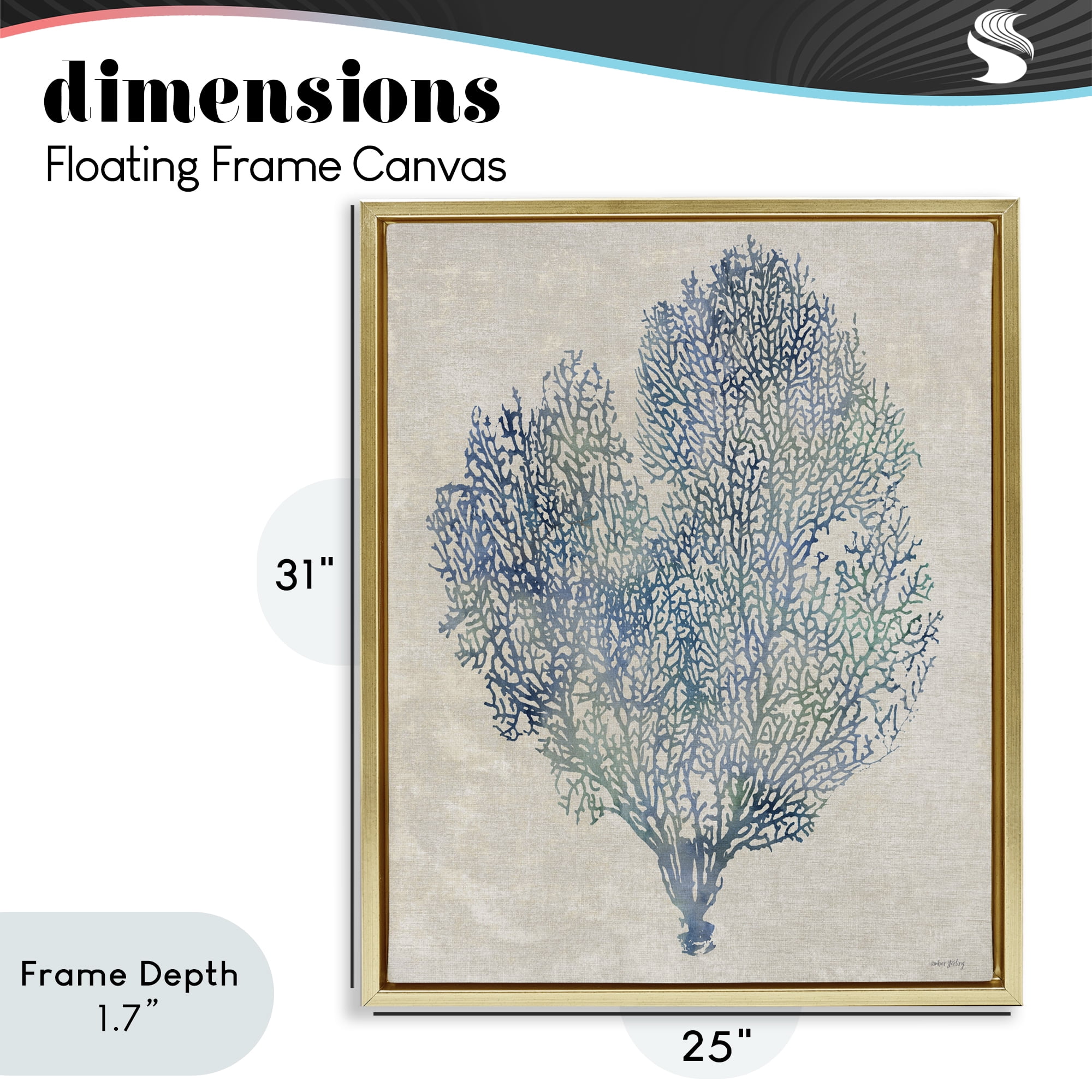 Stupell Industries Fan Coral in Blue & Green Gold Framed Floater Canvas Wall Art, design by Amber Sterling