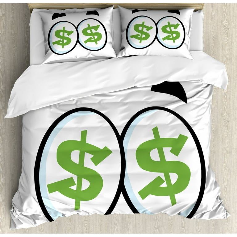 Eye King Size Duvet Cover Set, Green Dollar Signs in Big Cartoon 
