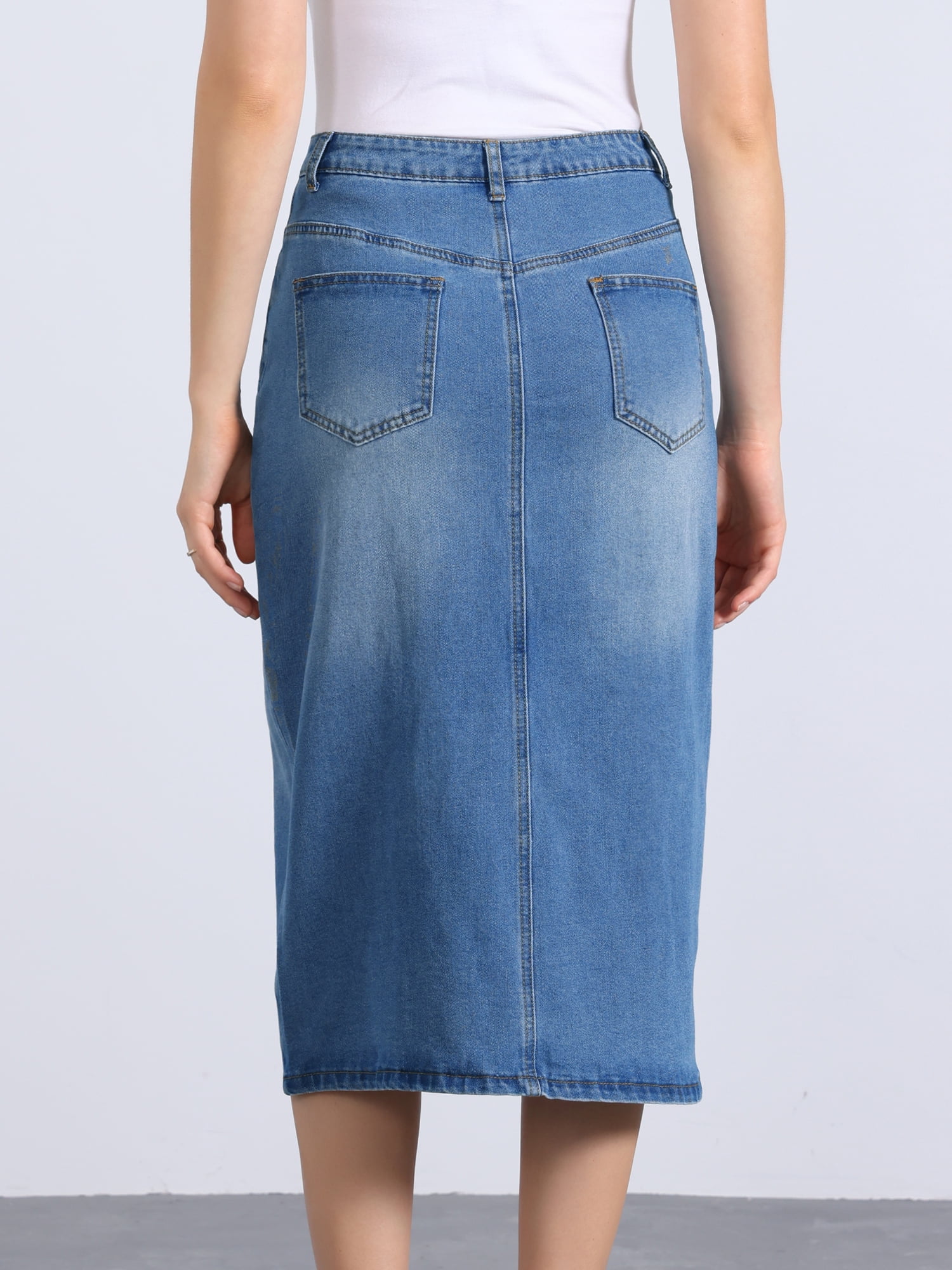 DARING DIVA Women's Slit Front Washed Jean Midi Skirts with Pockets S Blue