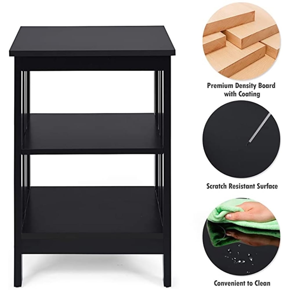 Finihen End Side Table, Nightstand, 2 Pieces 3-Tier Nightstand with Reinforced Bars and Stable Structure, Sofa Side Table, Bed Side Table, for Living Room, Bedroom, Black