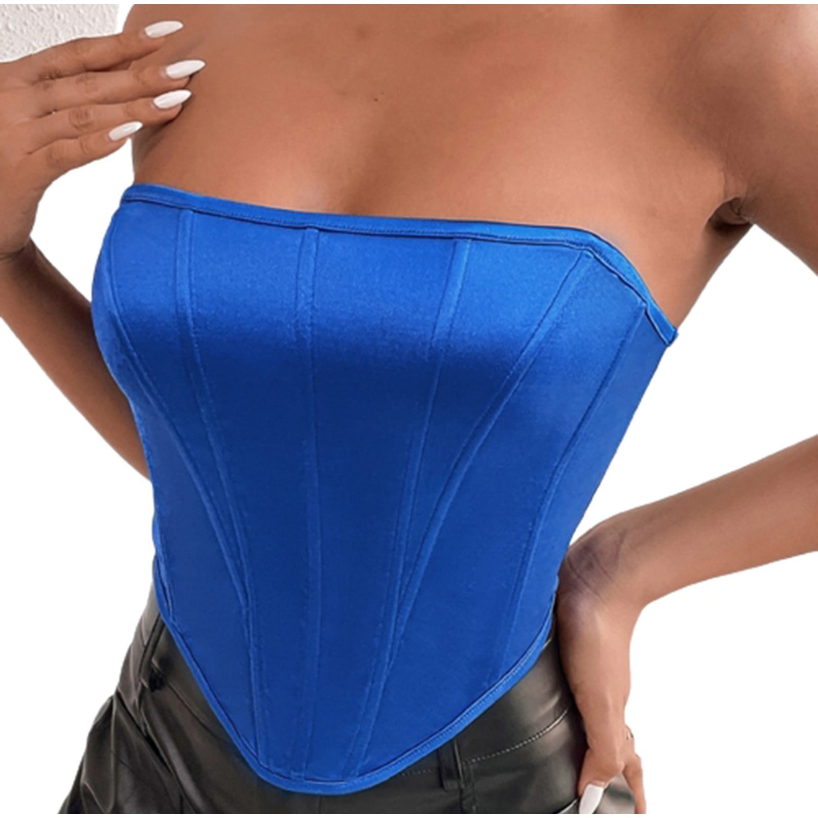 RQYYD Reduced Women's Asymmetrical Hem Backless Bustier Tube Tops  Sleeveless Strapless Summer Corset Crop Tops(Blue,S) 