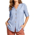 thumbnail image 3 of VBVC Women's Striped V-Neck Button Down Shirt , Ladies' Roll Up Sleeve Casual Blouse , Business Casual Work Tunic Top For Women,Blue,S-2XL, 3 of 10