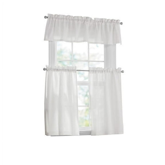 Mainstays 3 Pieces Waffle Weave Tier Set Arctic White, BCI Cotton, Polyester, Recycled Poly, 56"W x 14"L, Indoor Curtain, Adult