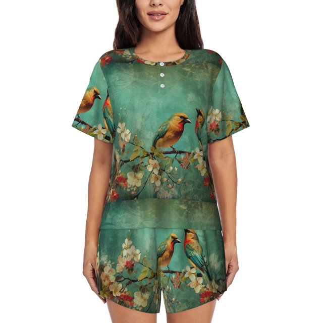 Fotbe Retro Birds Conjunto de Pijama Estampado para Mujer, 2 Piezas, Ropa de Dormir con Camiseta de Manga Corta y Shorts Suaves-Medium