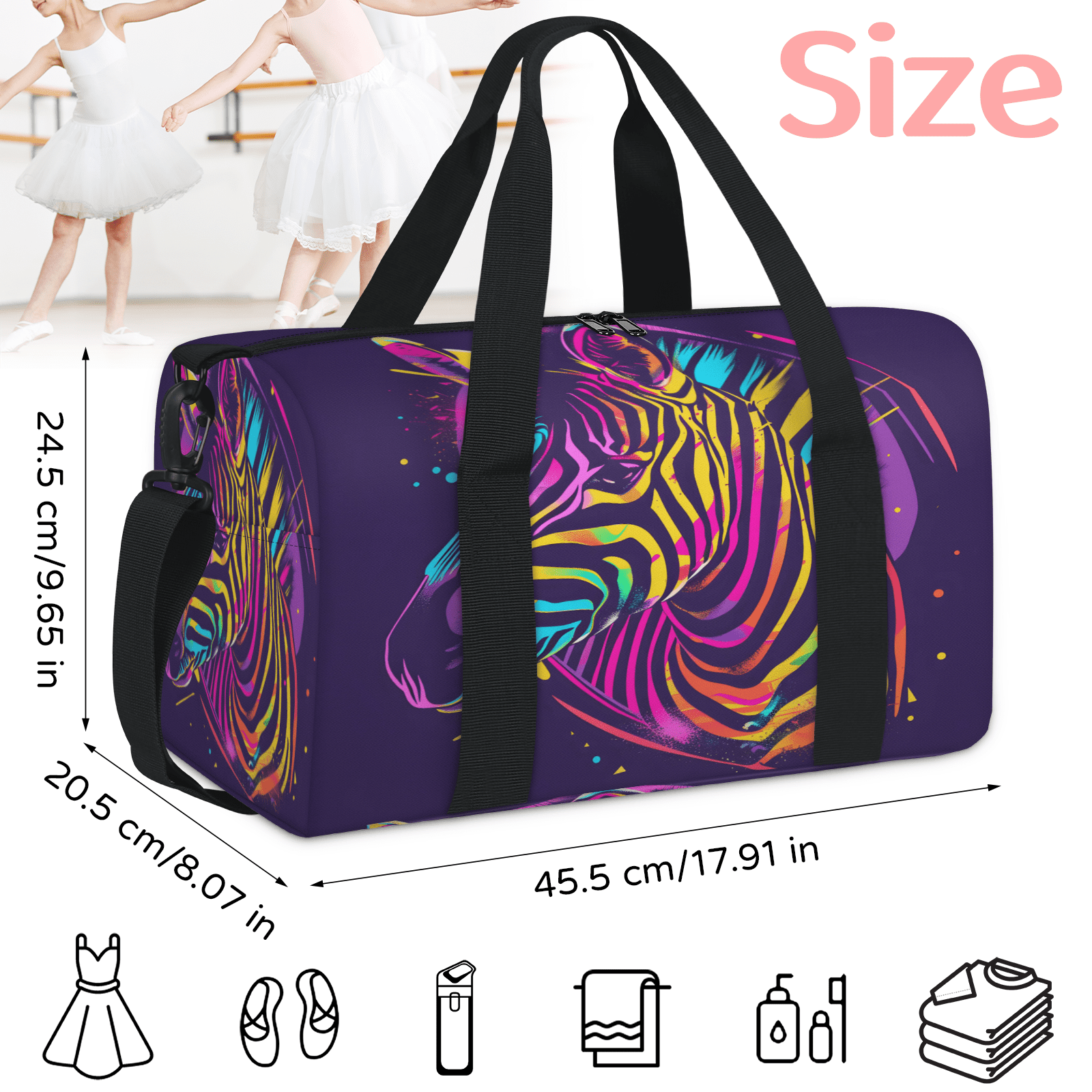 Herdesigns Zebra Travel Duffle Bag Sports Yoga Weekender Overnight Carry on Workout Bags Lightweight Waterproof Gym Tote Bag for Women